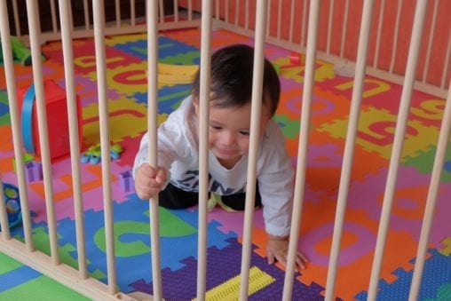 68923357 - little cute boy playing and crawling in playpen on alphabet puzzle mat